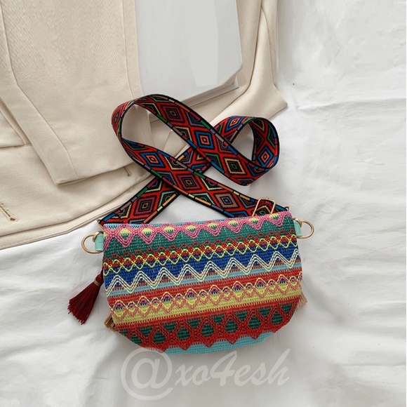 Boho Embroidered Fanny Pack Style Crossbody Bag with Tassels - Picture 9 of 16